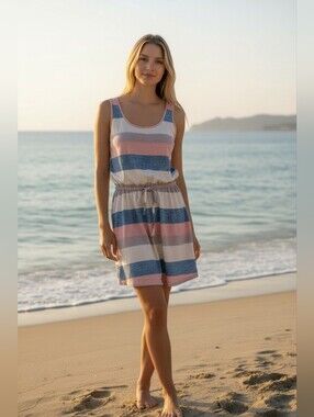 Cupshe Women's Striped Drawstring Tank Swim/Beach Coverup Dress--Pink Blue White